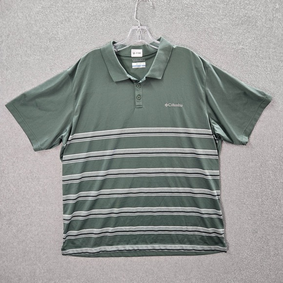 Columbia Men Polo Shirt XL Green Stripe Short Sleeve Collar Omni Wick - Picture 1 of 9
